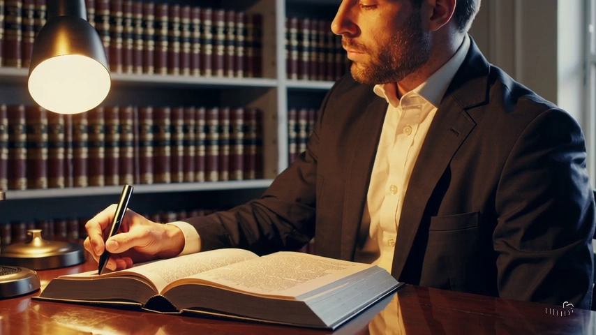 Strategy session for punitive damages case - Attorney and books in Library