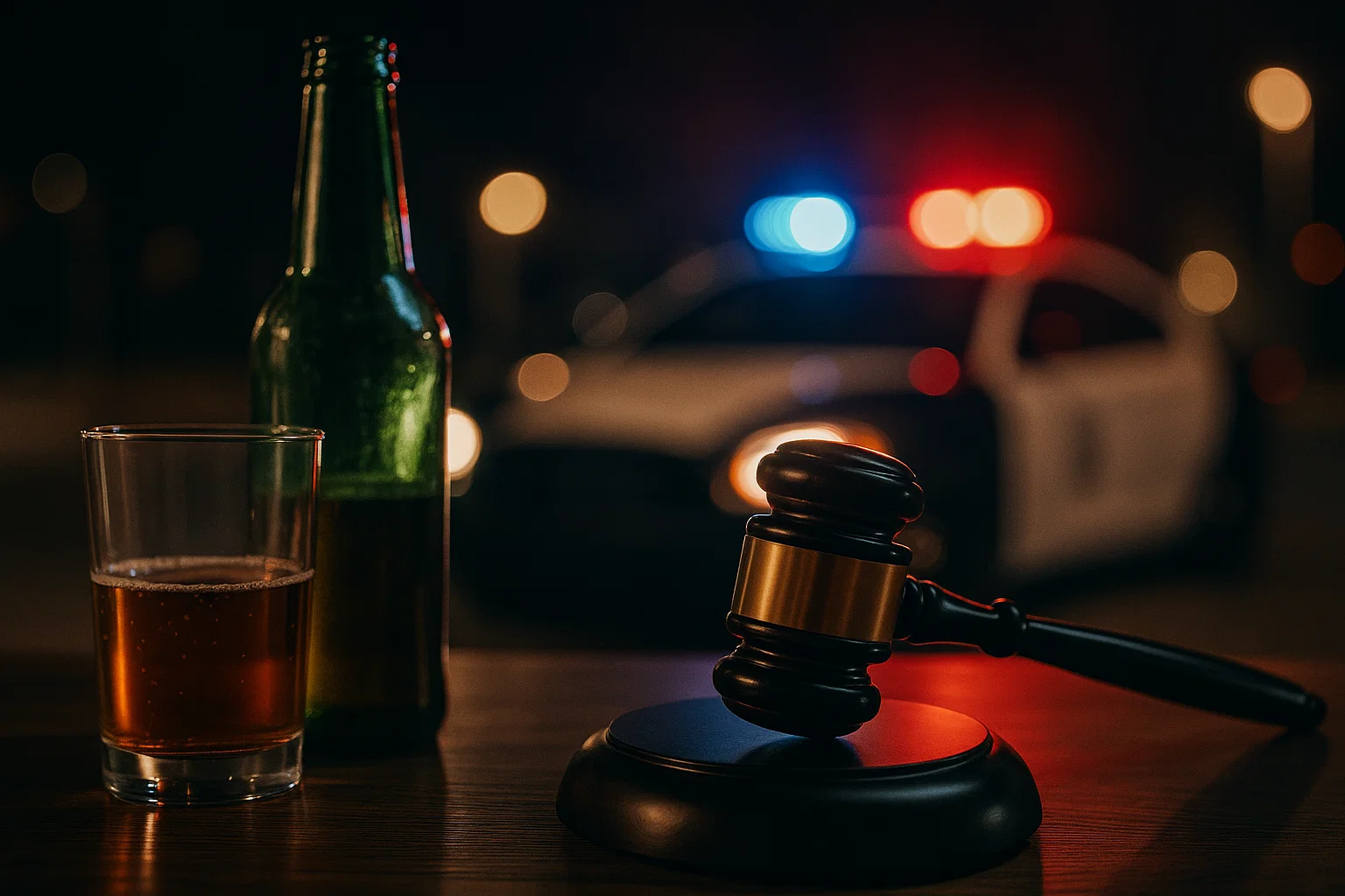 Texas dram shop claim guidance - bottled alcohol and gavel with police car