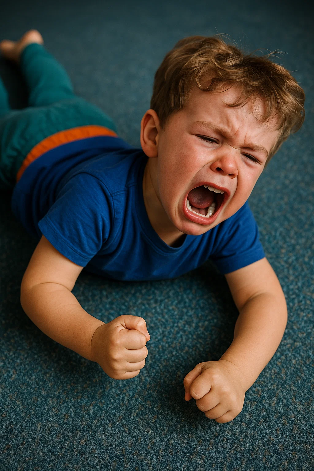 Evidence collection for child injury claims - A child upset lying on the ground in a daycare room