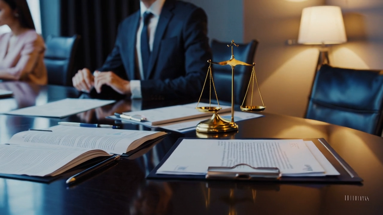 Uninsured or underinsured motorist motorcycle claim - Attorney's office with scale and papers / books