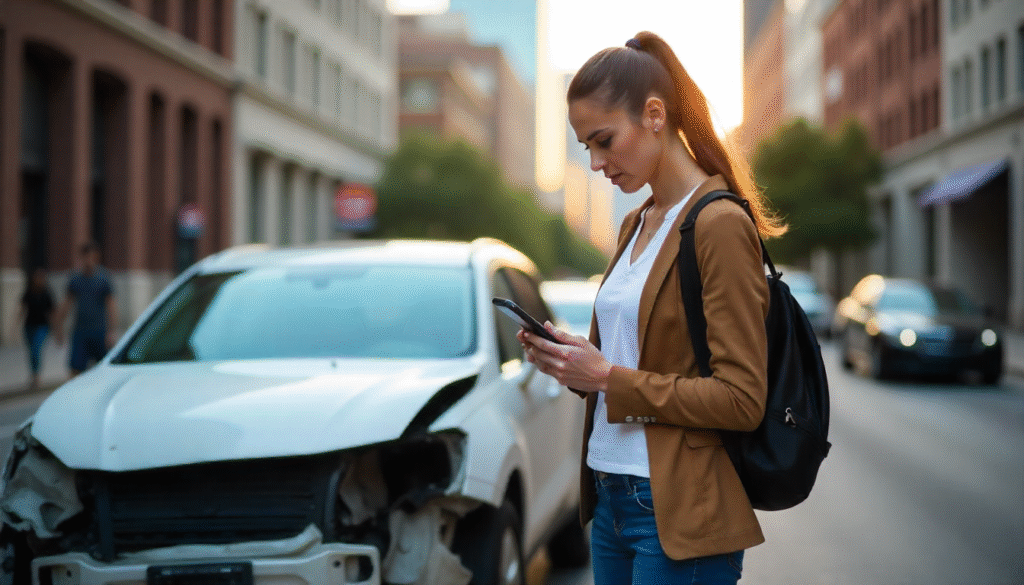 Woman checking phone near damaged car after a Houston car accident