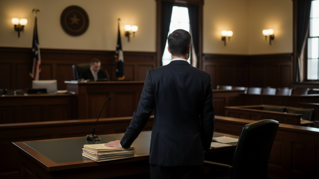 A personal injury lawyer standing in a courtroom