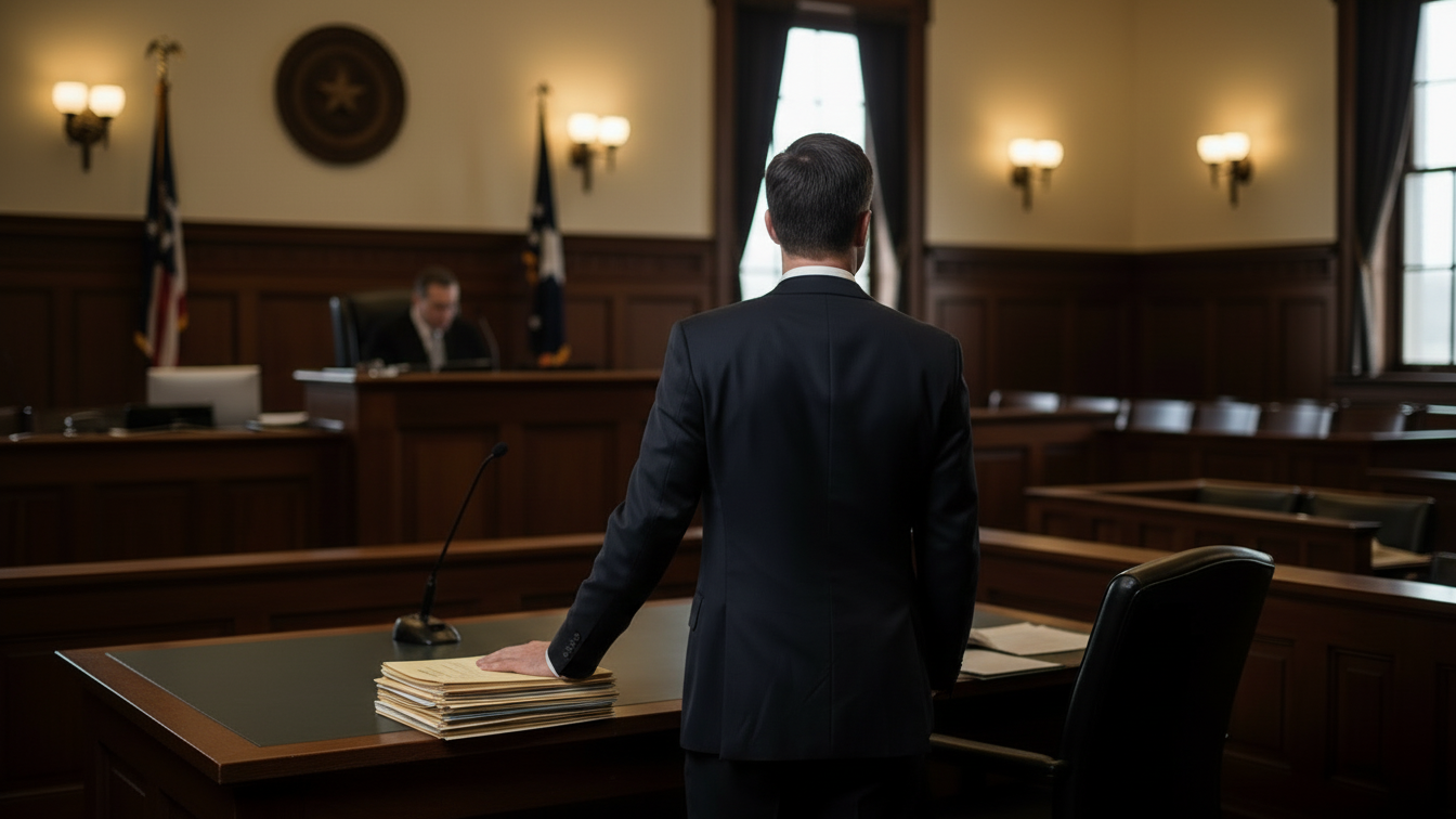 A personal injury lawyer standing in a courtroom