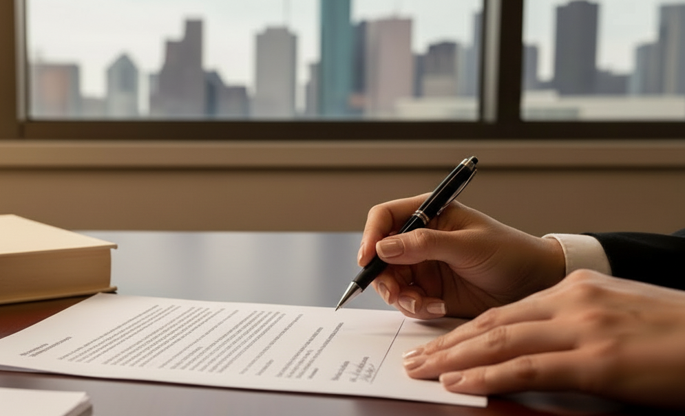 A client in a personal injury lawyers office, reviewing paperwork