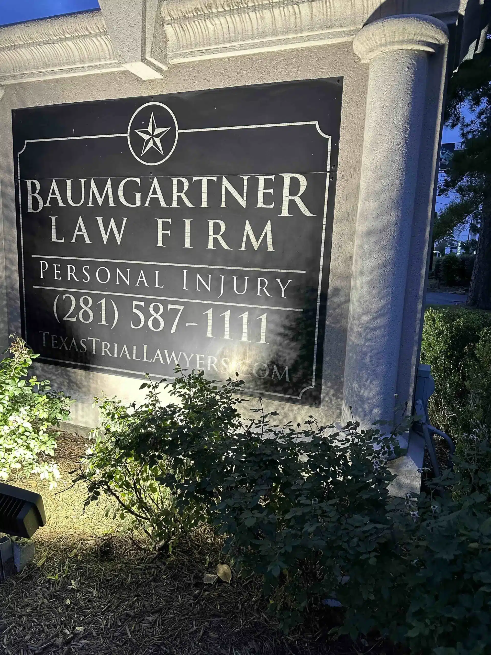 Baumgartner Law Firm sign for Kingwood accident victims